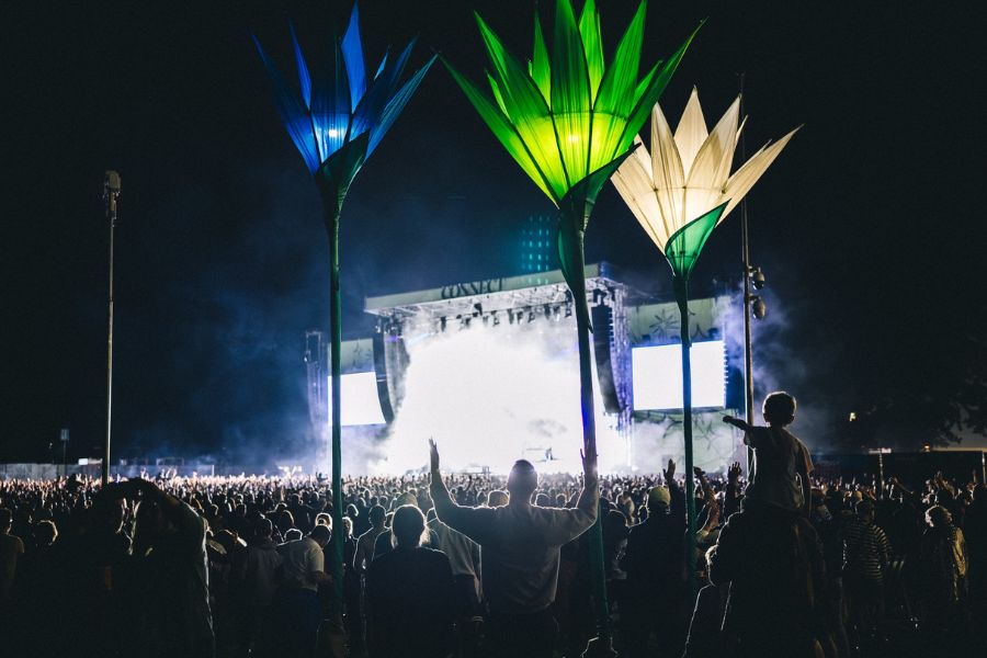 Crowd at Connect Festival with tall flower flags.